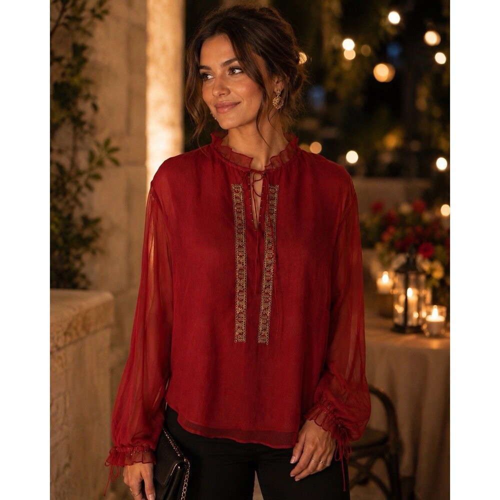 New York City Design Silk Tunic Blouse Ruby Red Gold Trim Beaded Boho Fairy XL